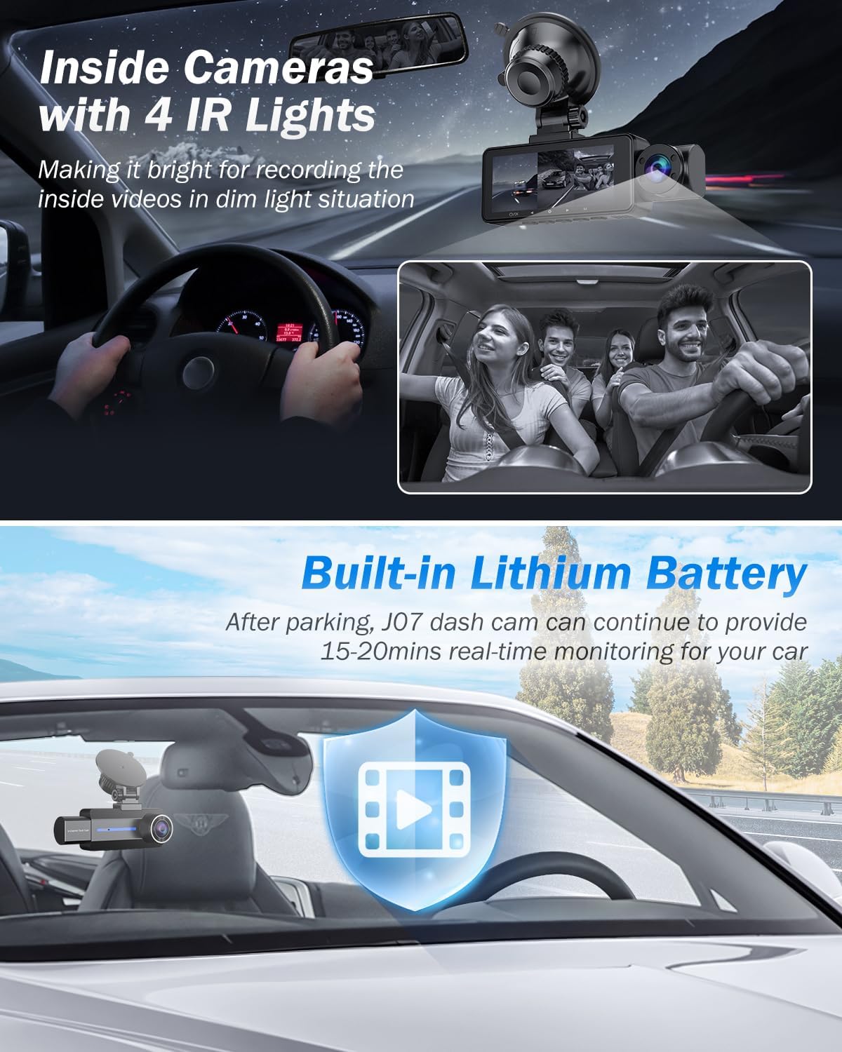 BAEASU Dash Cam Inside Cameras with 4 IR Lights
Night Vision Interior Recording by BAEASU
Built-in Lithium Battery Dash Cam
Real-Time Monitoring for 15-20 Mins After Parking by BAEASU