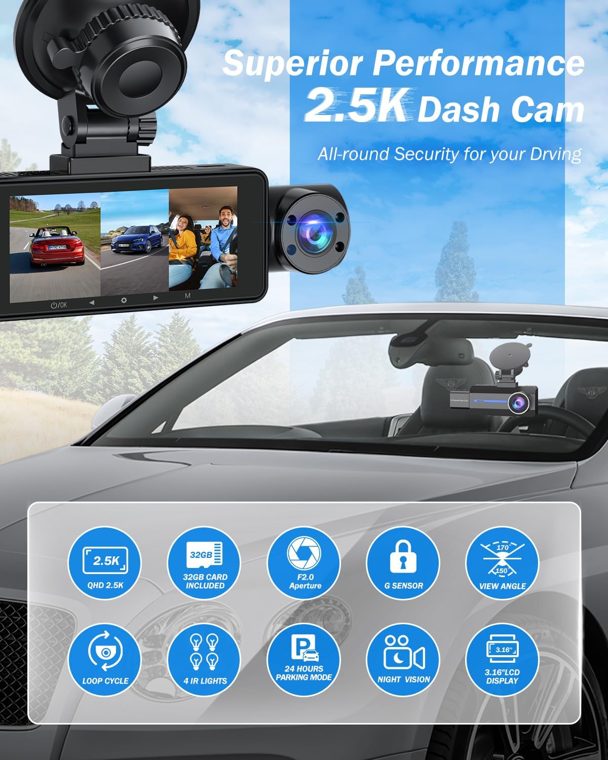 BAEASU 2.5K Dash Cam with Superior Performance
3-Channel Recording by BAEASU
32GB Card Included
Wide-Angle Lens and Night Vision
G-Sensor & Parking Mode Dash Cam by BAEASU