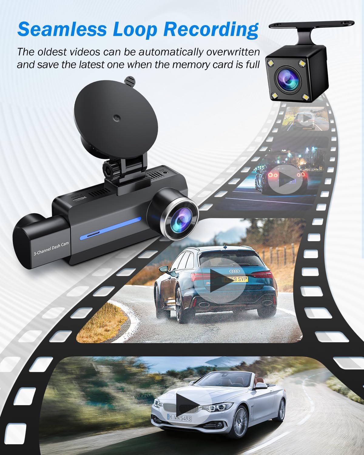 BAEASU Dash Cam with Seamless Loop Recording
Automatic Overwrite for Full Memory Cards by BAEASU
3-Channel Dash Cam for Continuous Recording
Reliable Video Backup by BAEASU